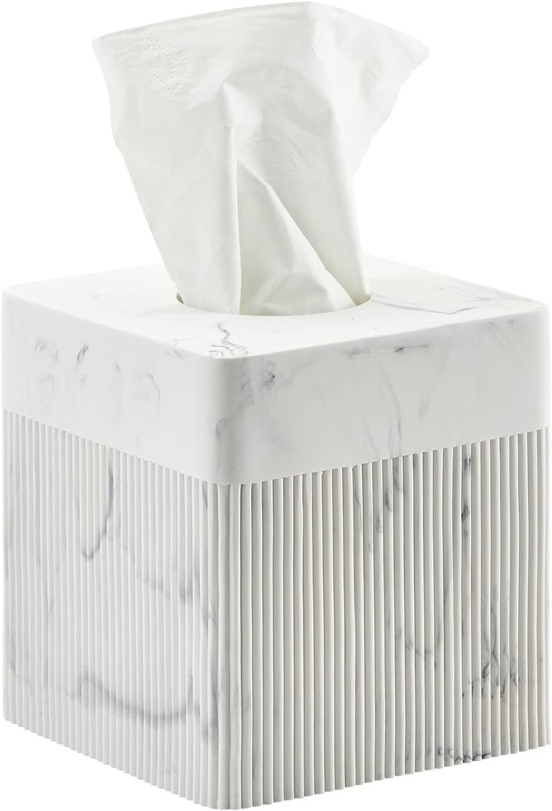 Polytree White Tissue Box Cover Square Resin Tissue Holder for Home Decor, Hand Poured Marble Ribbed Cube Tissue Box Holder – 5.5 Inch Heavy Duty Luxury Tissue Box Case for Bathroom, Living Room, Office - Image 1